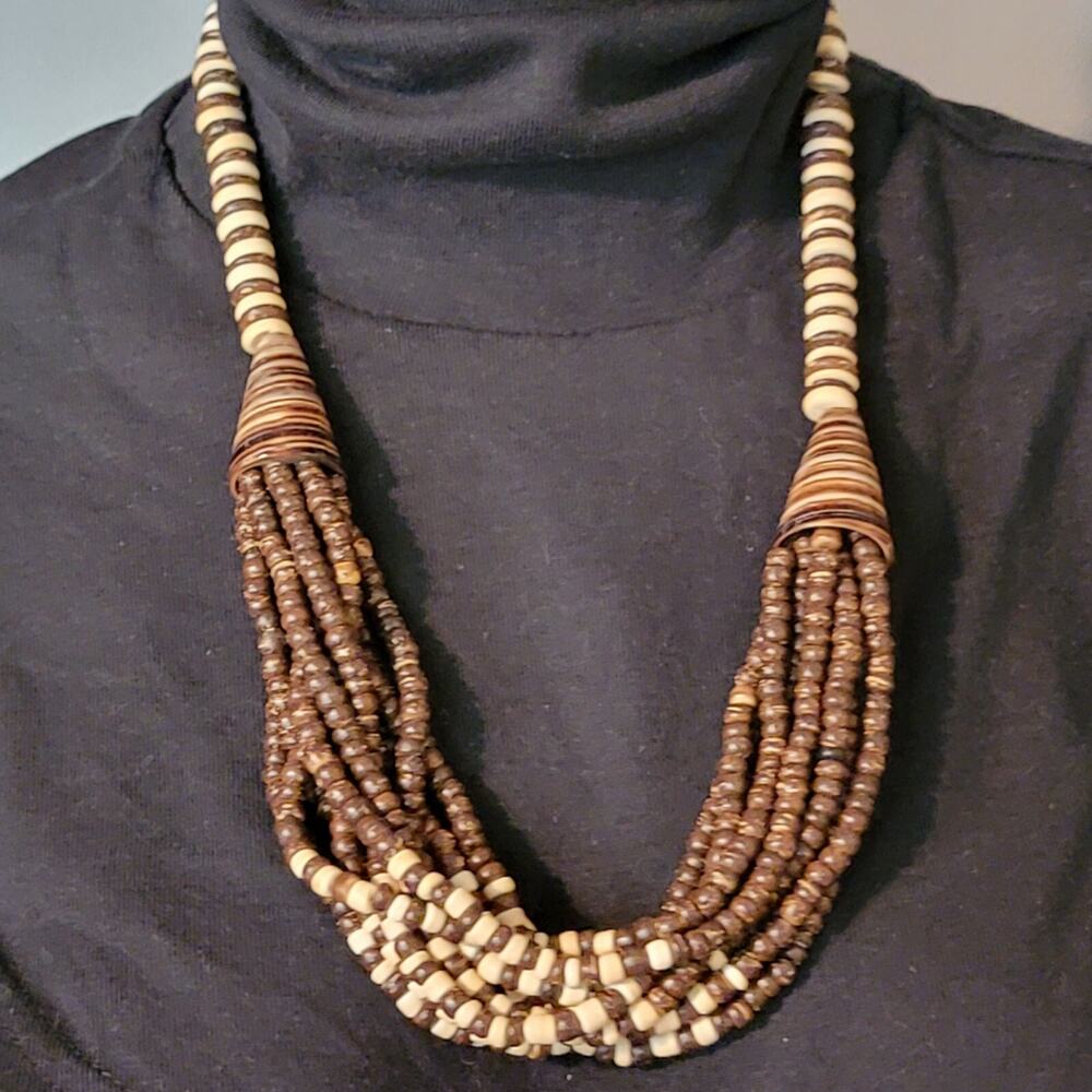 Vintage Bib Torsade Necklace, Tribal, Boho, Wood & Horn Long Statement b01-53